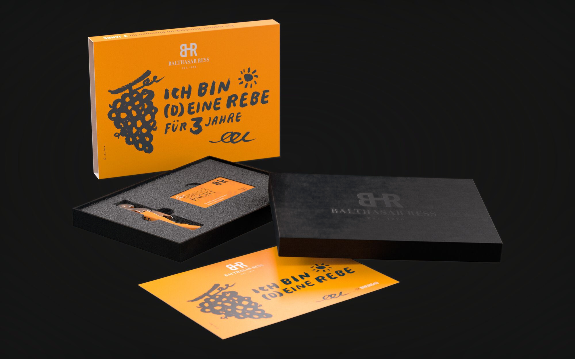 Geöffnete Rebstockpacht-Geschenkbox von Balthasar Ress mit Kellnermesser, Pachtkarte und Urkunde